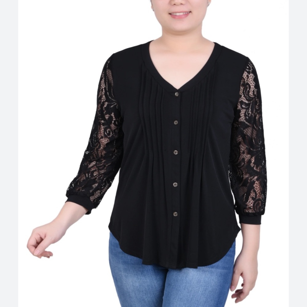 NY COLLECTION Black Lacy Sleeve Button Down V-Neck Blouse M